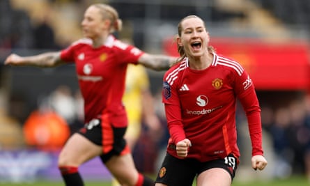 Elisabeth Terland celebrates after scoring Manchester United’s second goal against Crystal Palace.