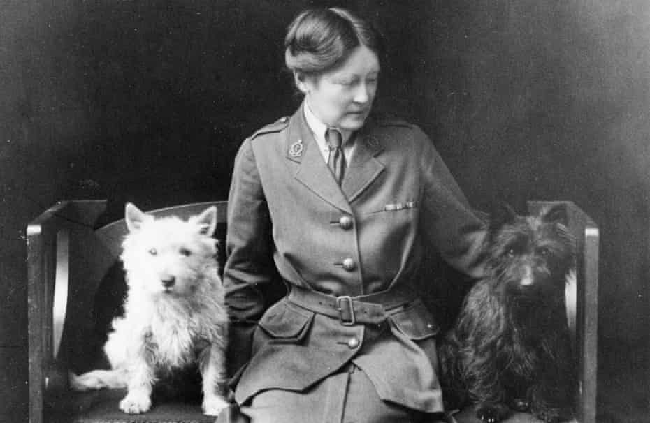 The chief surgeon at the hospital, Louisa Garrett Anderson, with her dogs Garrett and William.