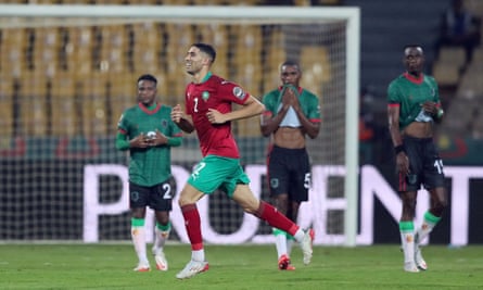Achraf Hakimi celebrates after scoring Morocco’s winner.