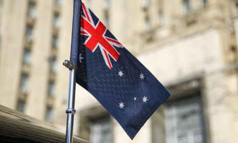 A flag on the car of the Australian ambassador to Russia outside the Russian foreign ministry