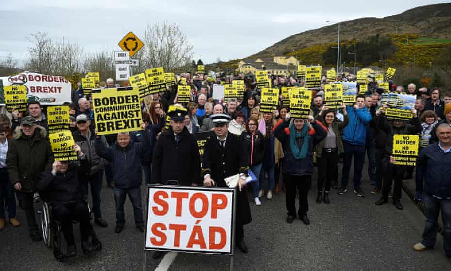 Protests against Brexit at the border between Northern Ireland and the Republic in Carrickcarnon, Louth.