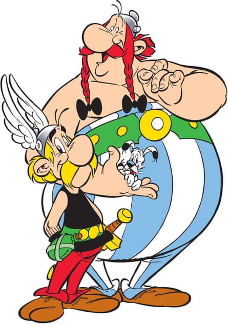 Asterix, left, with Obelix and Dogmatix. Anthea Bell changed the name of Obelix’s small, evil-tempered dog from Idéfix to Dogmatix and named the local druid Getafix.