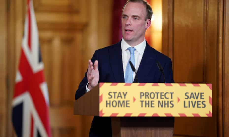 Foreign Secretary Dominic Raab speaks at a COVID-19 digital press conference in London