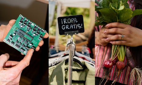 side by side images of computer equipment, a sign on a clothing rack saying 'ropa gratis', and hands holding radishes