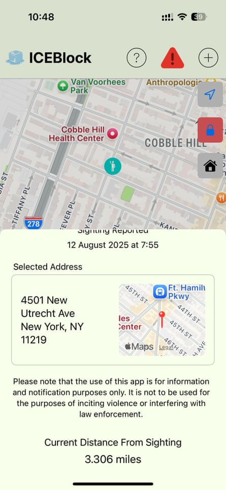 screenshot of a Ice signing reported in Manhattan on the IceBlock app