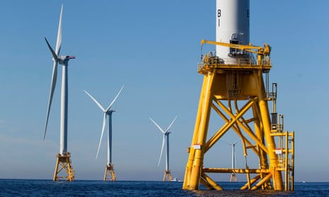 The GE-Alstom Block Island windfarm stands three miles off of Block Island, Rhode Island.