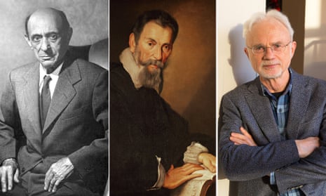Composite image showing Arnold Schoenberg, Claudio Monteverdi and John Adams.