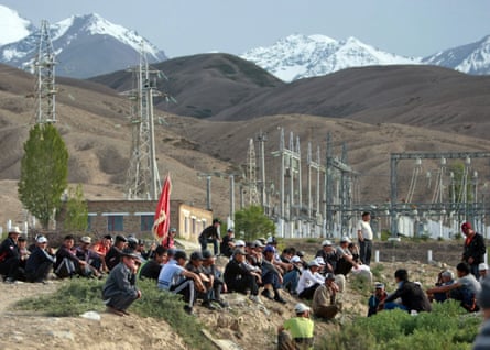 Protesters outside a power substation in the Kyrgyz village of Tamga, 300km south-east of the capital, Bishkek, on 31 May 2013.