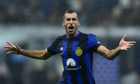 Henrikh Mkhitaryan celebrates after scoring Inter’s third in the 5-1 Serie A derby victory against Milan