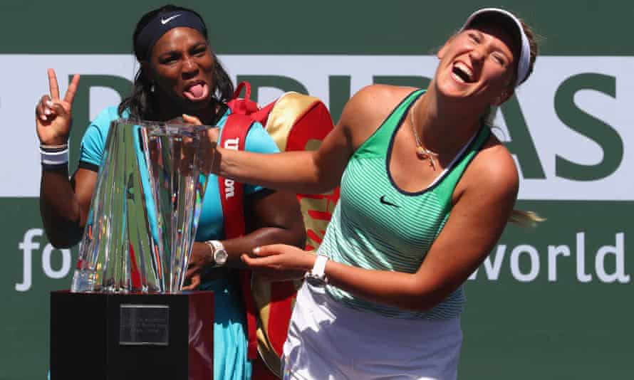 Victoria Azarenka laughs with the Serena Williams after their final.