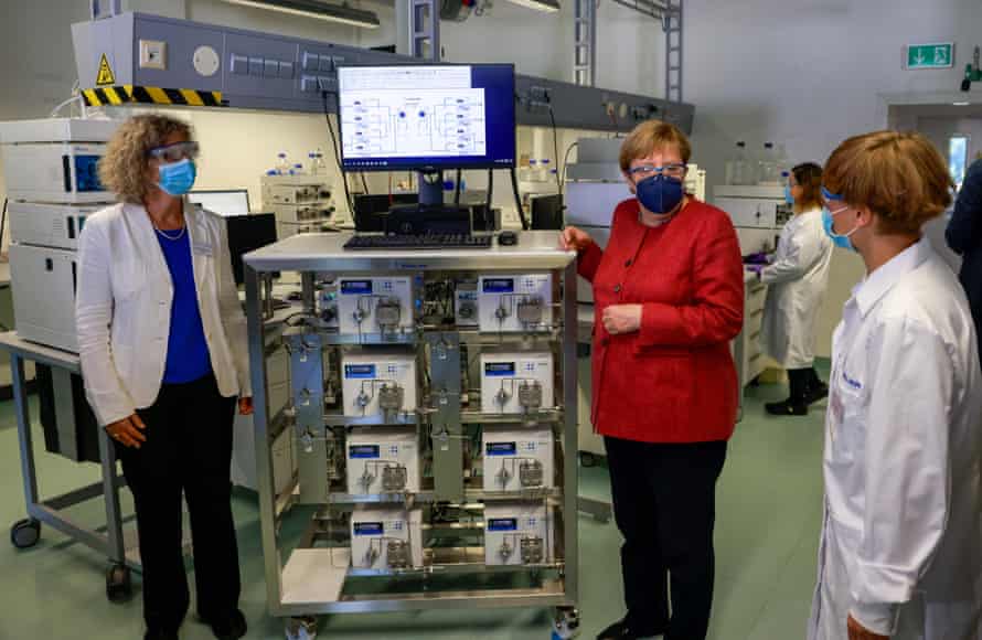Merkel on a visit to a manufacturer of laboratory instruments in Berlin, September 2021