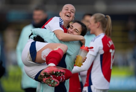 Renée Slegers celebrates with Beth Mead after the 4-3 WSL win over Manchester City in February