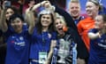 Karen Carney celebrates with Emma Hayes and the FA Cup trophy after victory over their former club Arsenal in the 2018 final