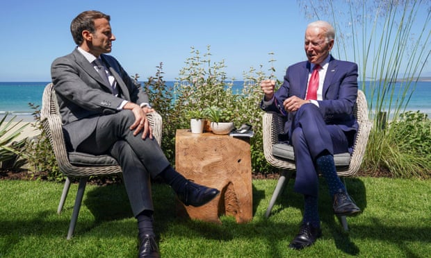 Joe Biden and Emmanuel Macron attend a bilateral meeting during the G7 summit in Carbis Bay, Cornwall.