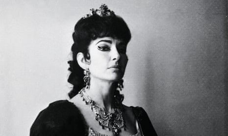Black and white photograph of Maria Callas in costume and dramatic makeup
