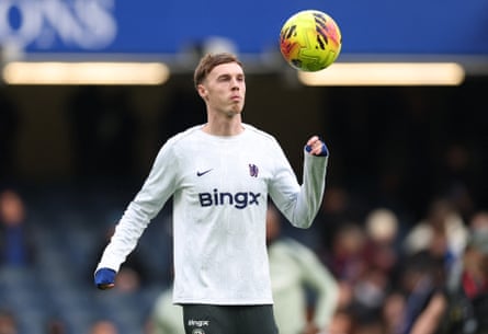 Chelsea’s Cole Palmer during the warm up before the match against Brentford