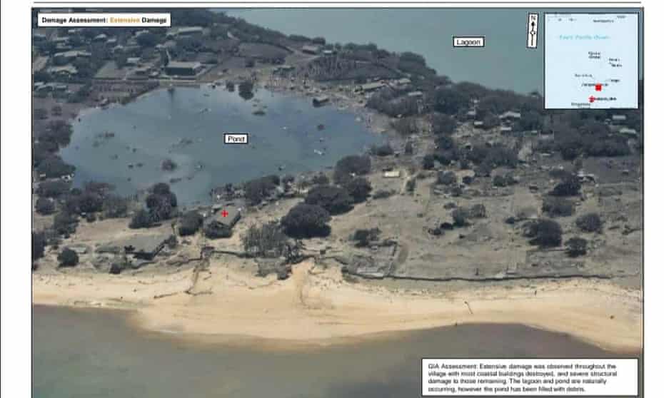 An aerial image, taken by the New Zealand defence force and leaked online, showing extensive damage to a coastal community in Tonga.