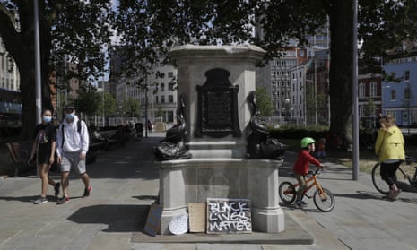 The empty plinth left after the statue of slave trader Edward Colston was pulled down in Bristol, June 2020