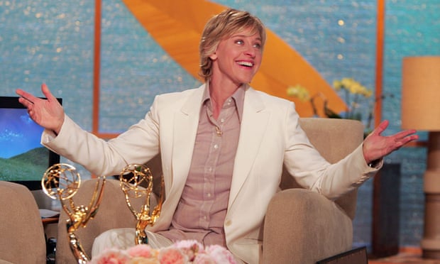 DeGeneres with her two Emmy awards, for outstanding talkshow and outstanding talkshow host.