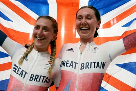 Laura Kenny (left) and Katie Archibald celebrate winning gold in the women’s Madison event at Tokyo 2020