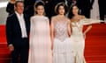 Film-maker Coralie Fargeat, second from left, with Dennis Quaid and Margaret Qualley at the Cannes screening of her film The Substance.