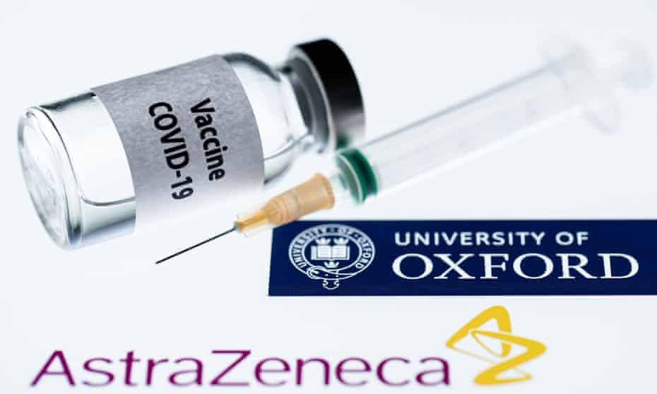 Oxford/AstraZeneca vaccine bottle with hypodermic needle and logos