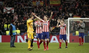 Atletico Madrid vs Liverpool: UEFA Champions League<br>MADRID, SPAIN - FEBRUARY 18: Atletico Madrid players greet the fans as they celebrate 1-0 win afrer the UEFA Champions League round of 16 first leg soccer match between Atletico Madrid and Liverpool FC at the Wanda Metropolitano stadium in Madrid, Spain on February 18, 2020. (Photo by Burak Akbulut/Anadolu Agency via Getty Images)