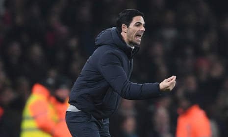 Mikel Arteta gives his players intructions during the recent win over Manchester United.