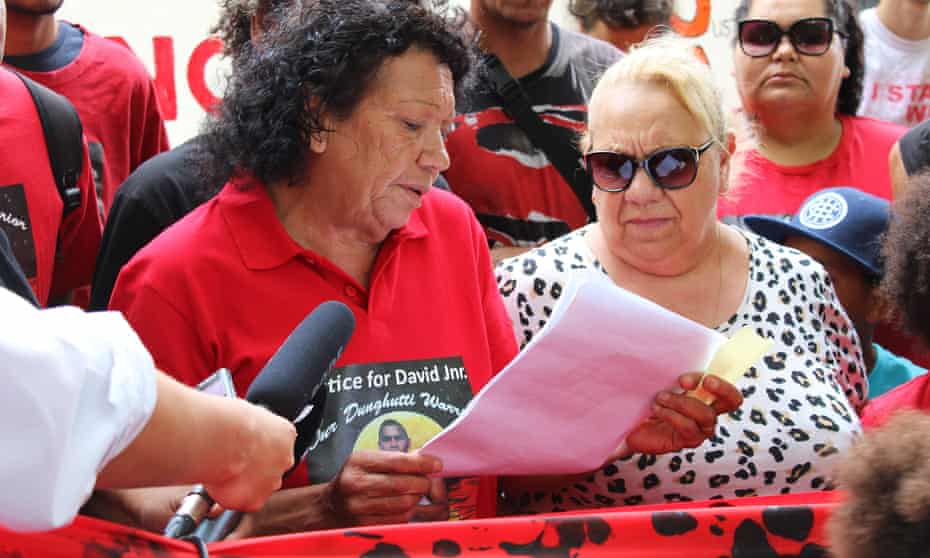 Leetona Dungay, the mother of David Dungay Jr who died in Long Bay jail on 29 December 2015, addresses a crowd near the NSW Department of Corrective Services in Sydney on Thursday. 