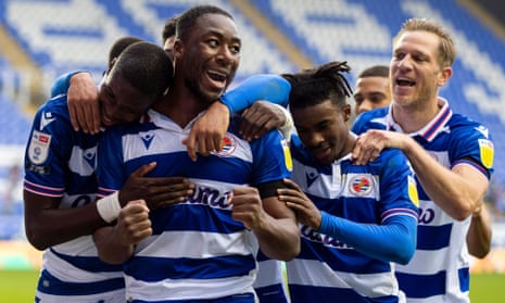 Lucas Joao (left} of Reading FC celebrates his goal with Yakou Meite to put Reading 3-1 up against Bristol City.
