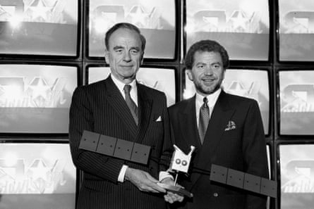 Newspaper tycoon Rupert Murdoch (left) and millionaire businessman Alan Sugar hold a model of the Astra Satellite at a November 1988 London press conference, where Murdoch announced he had signed a 10-year lease for three new satellite channels. Mr Sugar’s Amstrad company is to manufacture a satellite dish and receiver aimed at the mass market
