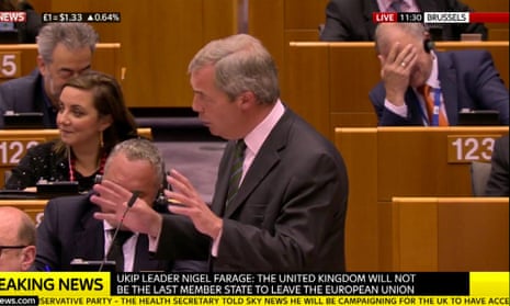 Nigel Farage speaking in the EU with 
Vytenis Andriukaitis in the background