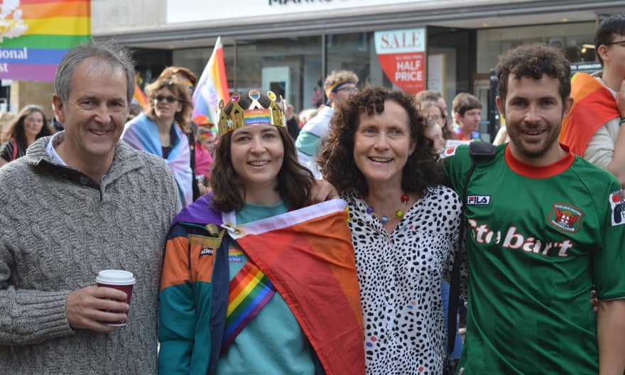 Ella Braidwood with her parents and older brother at Pride in Carlisle, 2019.