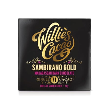 A square bar of Willie’s Cacao Madagascan Gold, Sambirano 71, Summer Fruit Notes