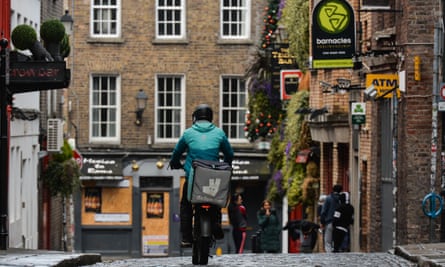 A Deliveroo currier seen in the city centre during the COVID-19 lockdown April 2021, in Dublin