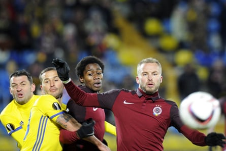 Sparta Prague’s Tiemoko Konate and Michal Kadlec fight for the ball in their Europa League match against FC Rostov
