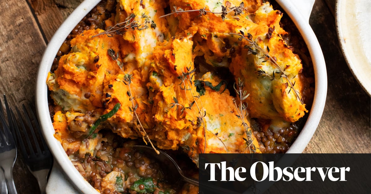 Nigel Slater’s recipes for lentil pie and asparagus with tomato and yogurt sauce