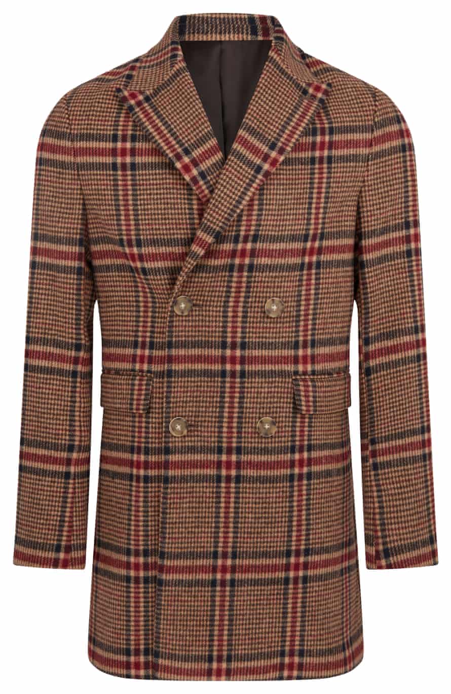 Moss London Slim Fit Tan & Red Check Double Breasted Overcoat £149 from Moss Bros