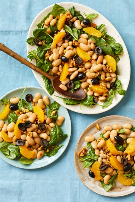 Rukmini Iyer’s orange, butter bean, spinach and olive salad.