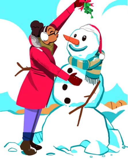 Femme avec bonhomme de neige et gui