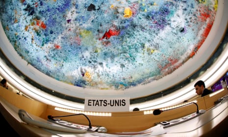 The US name place sign is seen during a session of the UN human rights council in Geneva