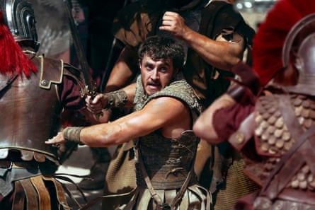 Paul Mescal fighting in a scene from Gladiator II.