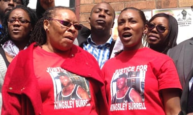Supporters and family members of Kingsley Burrell, outside Birmingham coroner’s court on Friday.