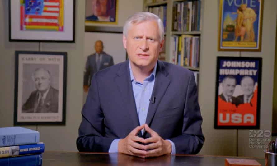 Meacham speaks by video feed during at the 2020 Democratic national convention.