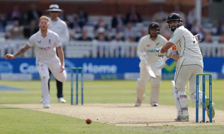 Daryl Mitchell glances England’s captain Ben Stokes for four on his way to an unbeaten 97 from 188 balls.