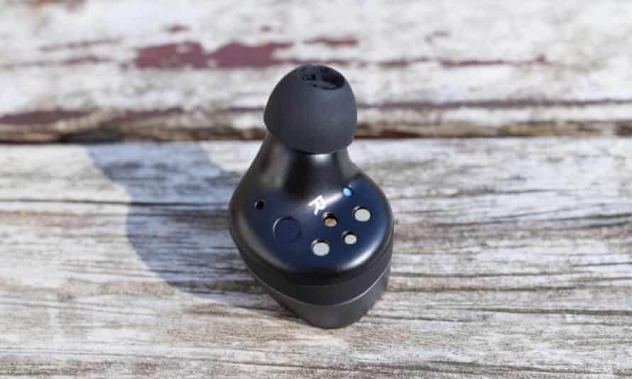 The earbud shown stood up on a table with its tip in the air