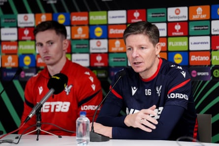 Oliver Glasner speaks to the press alongside Henderson before the Conference League playoff second leg against Zrinjski Mostar