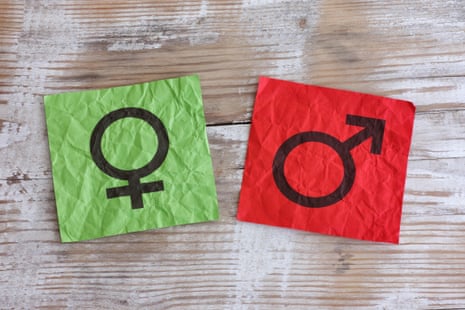 Crumpled green and red paper notes with gender symbols