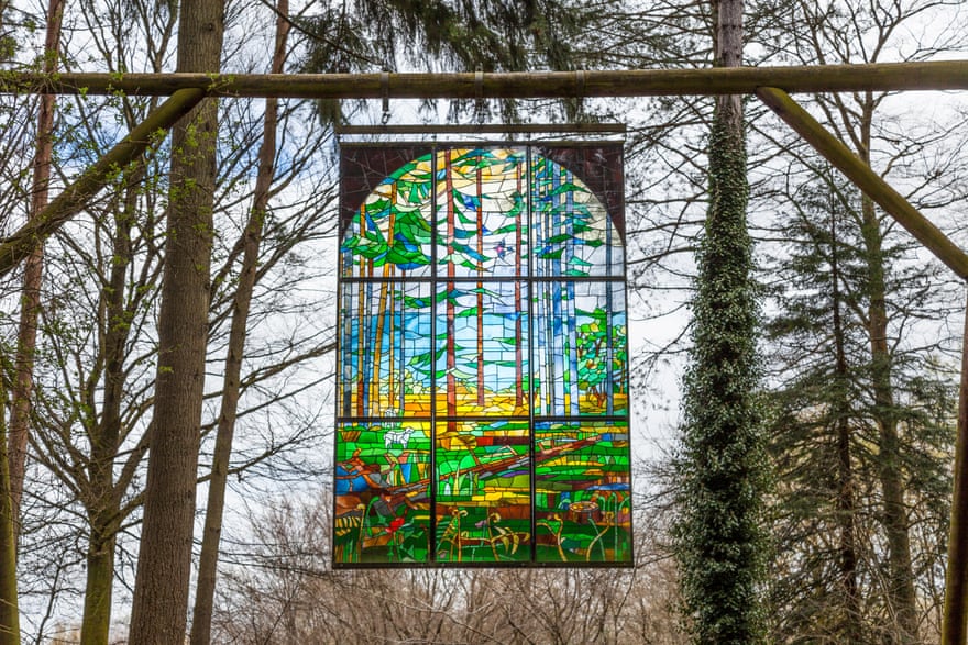 Forest of Dean sculpture trail. Suspended stained glass panel, Forest of Dean