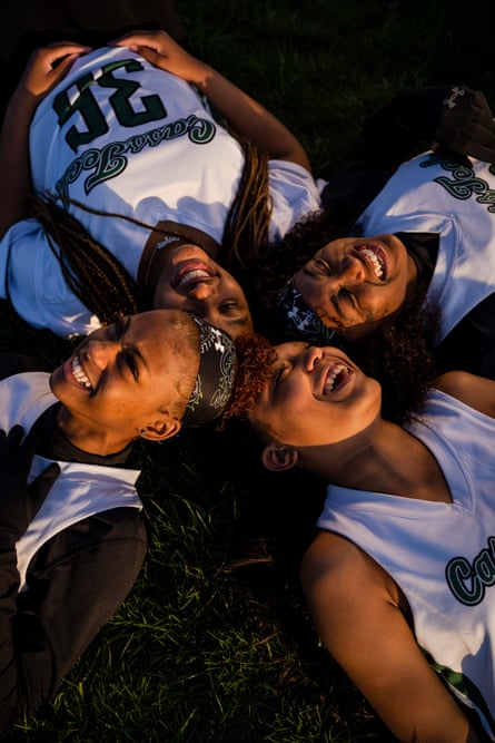 Clockwise; Kayla Carroll-Williams, 15, Zahria Liggans, 18, Alexia Carroll-Williams, 17, Deja Crenshaw, 18, at the Cass Technical High School field in Detroit, Michigan on May 1, 2021.